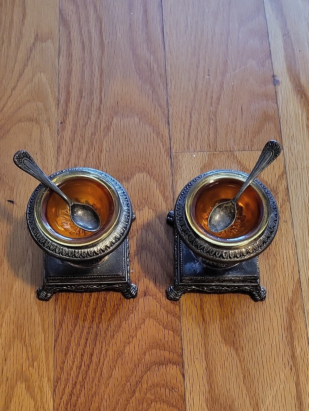 Decorative Silver-Tone Salt Cellars with Amber Glass Bowls and Spoons